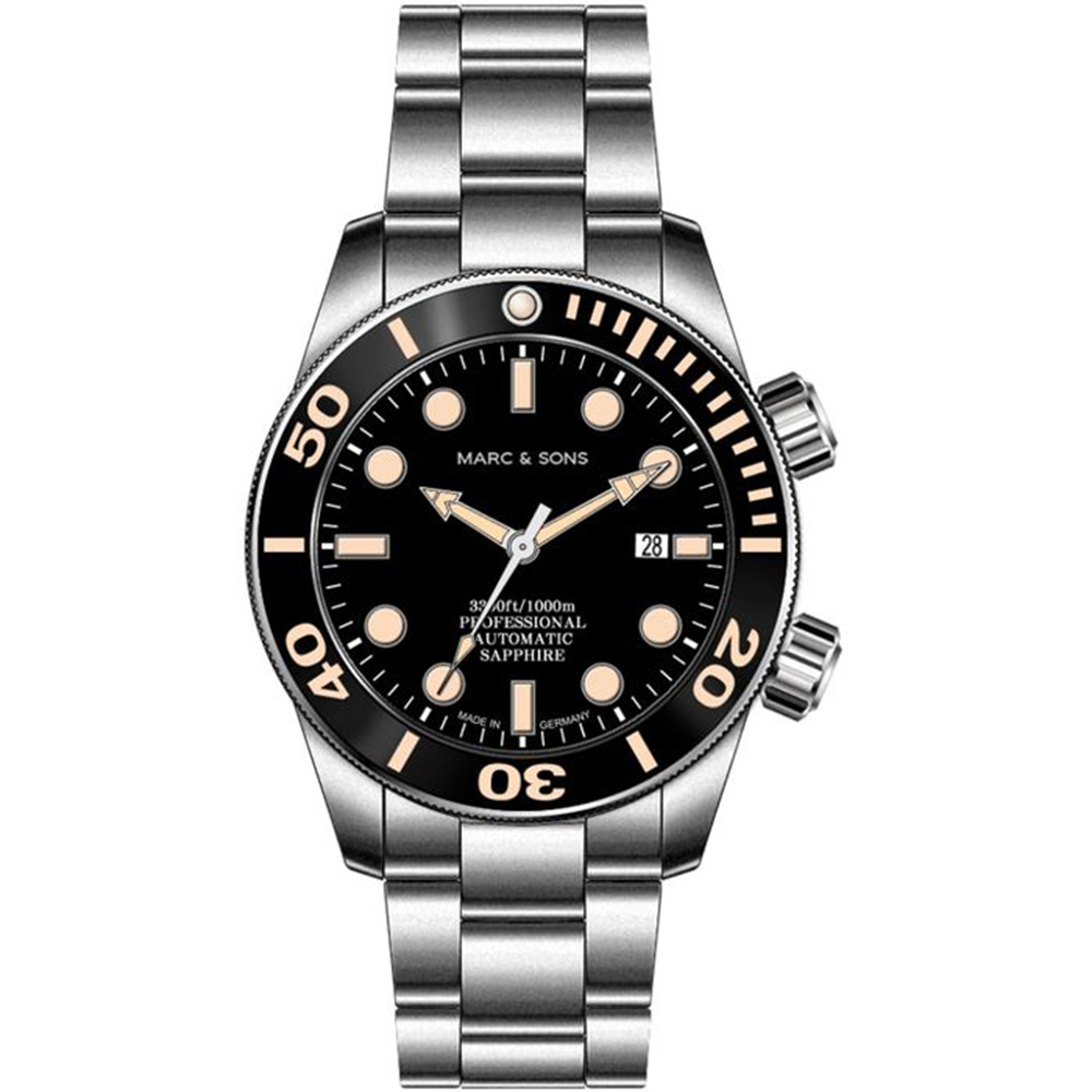 Marc & Sons Professional Vintage Automatic Diver Men's Watch 46mm Black Bezel/Black Dial MSD-028-4S